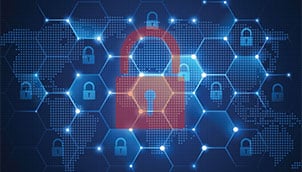 Rotes Schloss auf blauem Wabenhintergrund mit weißen Schlössern in einigen Zellen