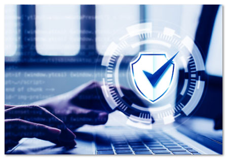 Hands on a keyboard with a blue checkmark inside a white shield icon floating in front