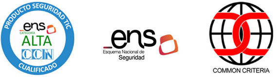 Certification badges including Common Criteria, ENS and CCN