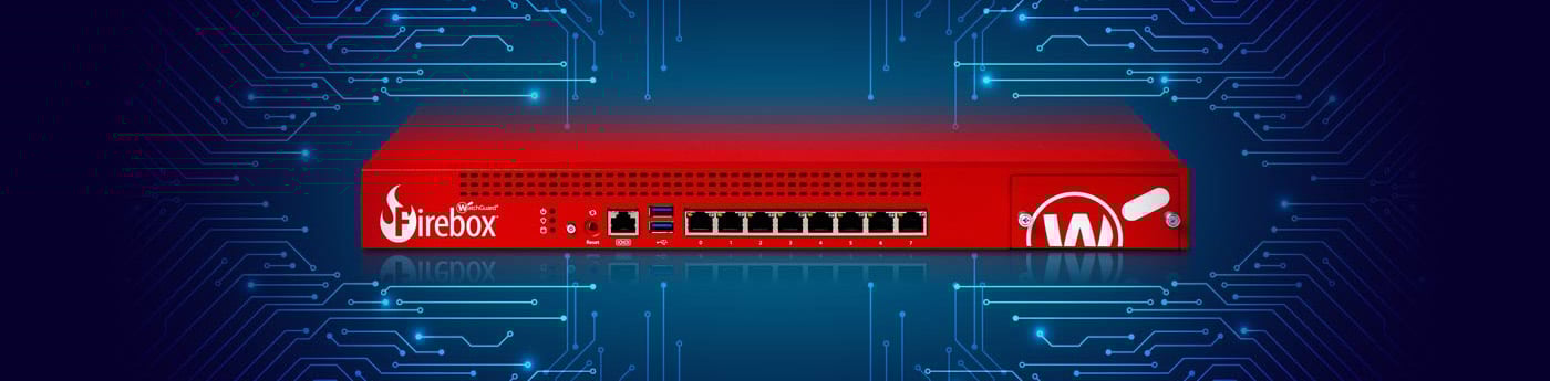 red WatchGuard Firebox against a dark blue background