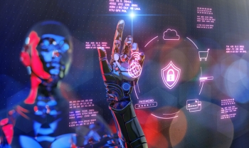 A futuristic robot hand interacting with a digital security interface, symbolizing AI cybersecurity risks such as deepfakes, ransomware, and data theft.