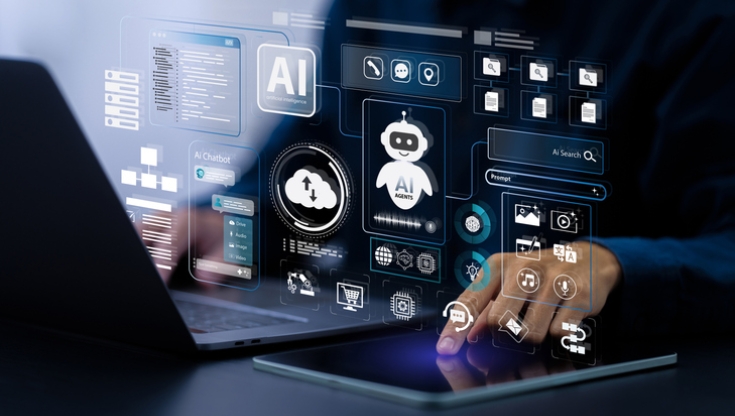 Business professional using laptop and tablet with holographic AI interface showing AI agents, cloud, and cybersecurity tools for global digital defense.