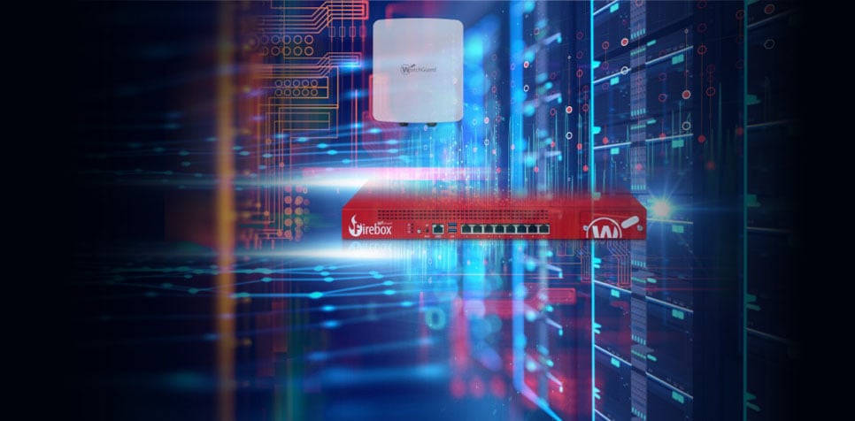 Red WatchGuard Firebox floating in front of a server room rack
