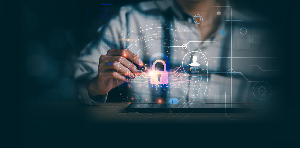 Person in a shadowy room using a pen to tap a floating red lock icon