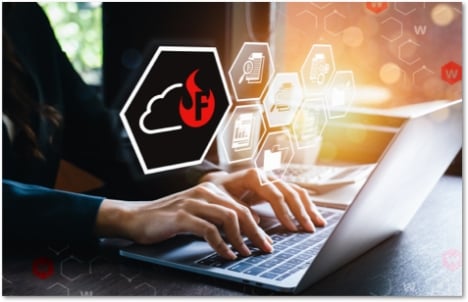 WatchGuard FireCloud icon floating between a user and their laptop
