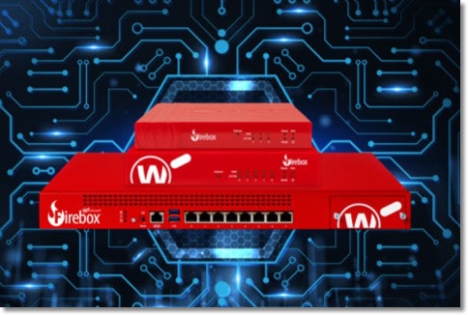 stack of 3 red WatchGuard Fireboxes in front of a blue lit circuit board pattern