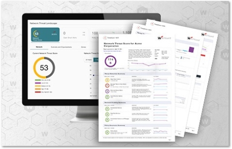 WatchGuard ThreatSync+ dashboard showing on a monitor with compliance reports in front