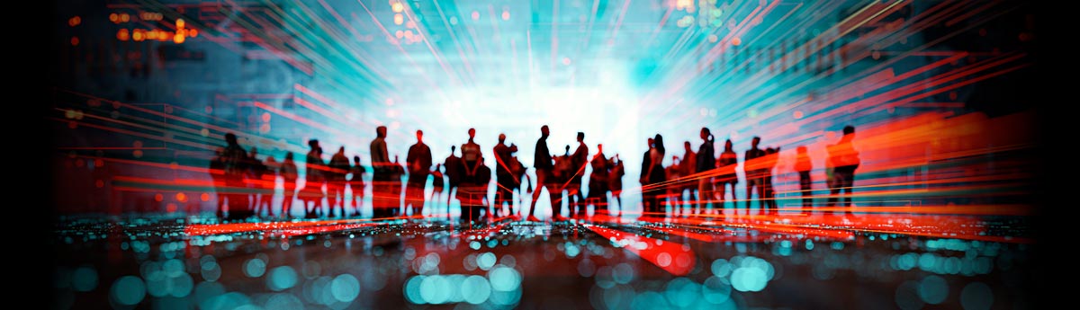 crowd of people silhouetted against a brightly lit background with red motion lines