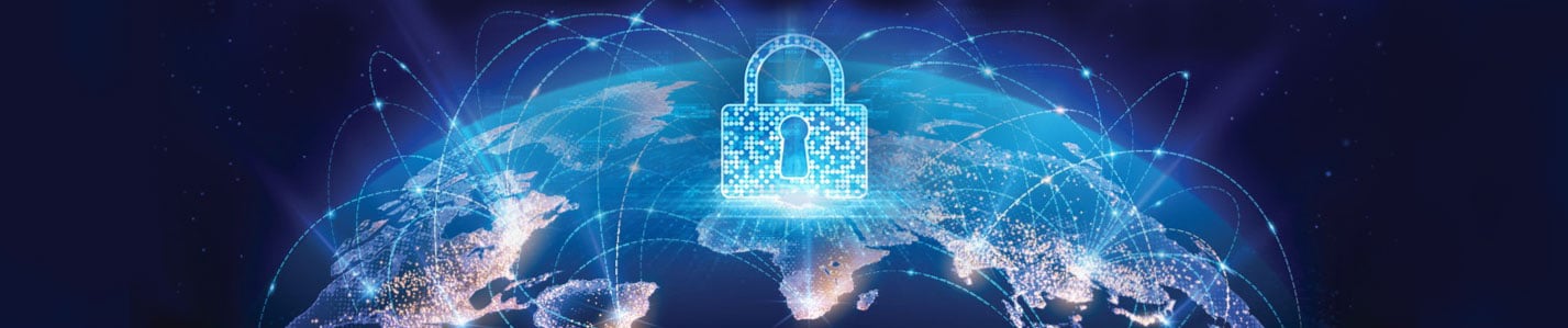 Globe illustration with glowing white lines and dots and a white lock in the center