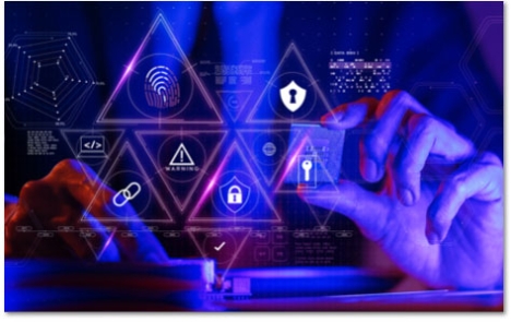 Purple tinged hands grasping floating triangular icons