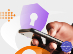 Hand holding a cell phone with a purple lock icon floating nearby